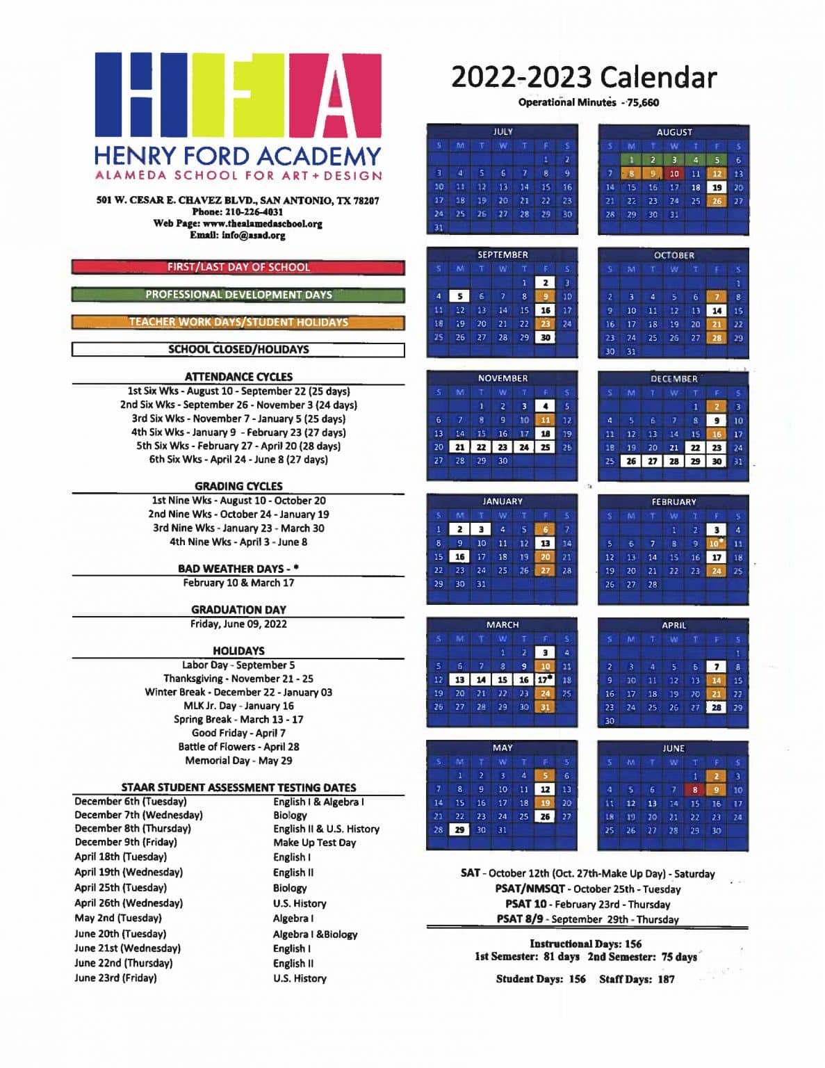 Calendar HFA Alameda School